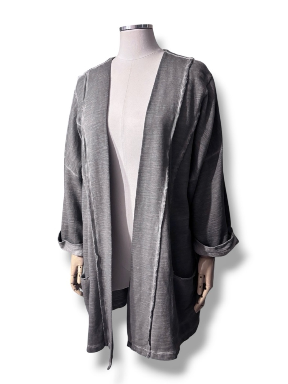 MIND SET by XCVI Grey Stone Washed Open Front French Terry Cardigan Raw Edge